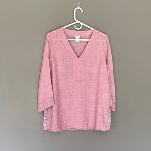Sigrid Olsen 100% Linen Tunic V-Neck 3/4 Sleeve Blouse Top Salmon Pink Women’s M
